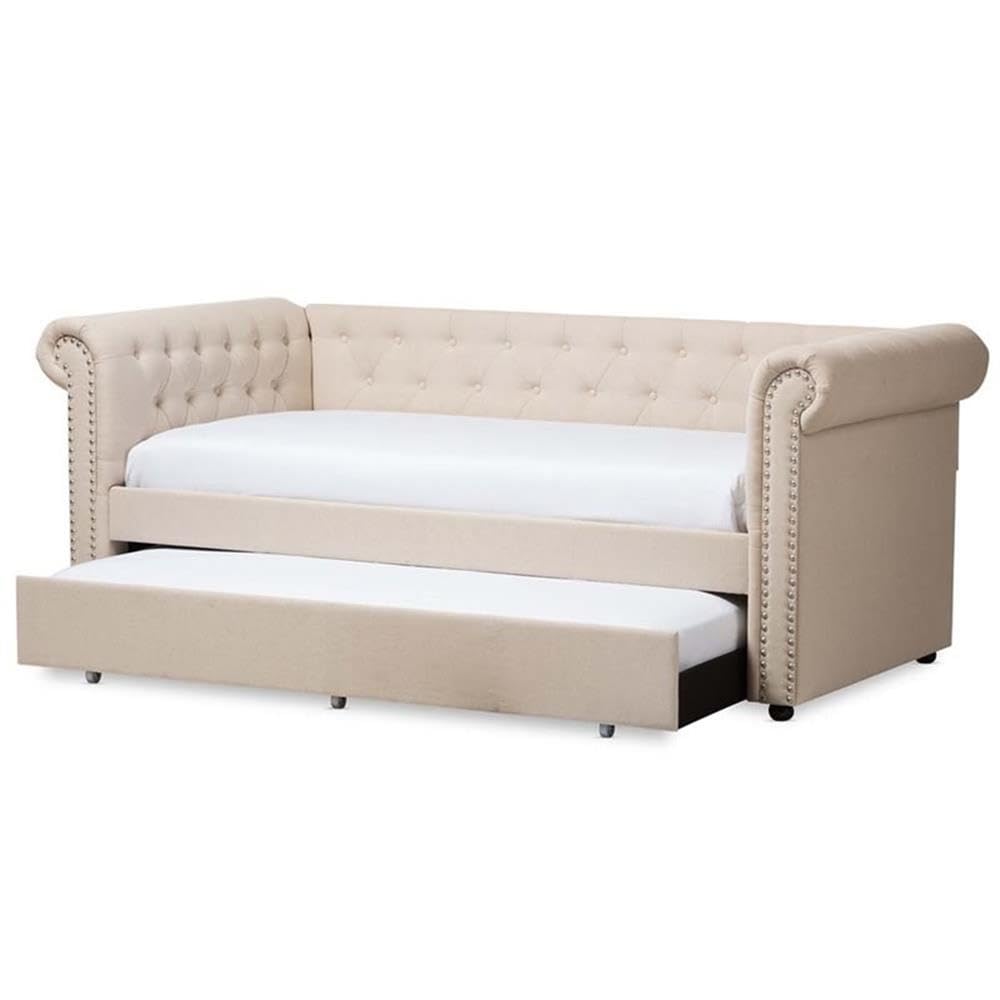 Light Beige Upholstered Twin Daybed with Trundle P80889
