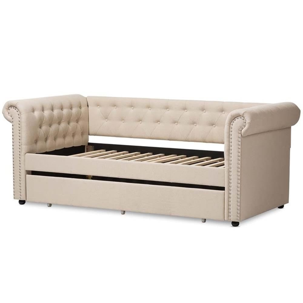 Light Beige Upholstered Twin Daybed with Trundle P80889