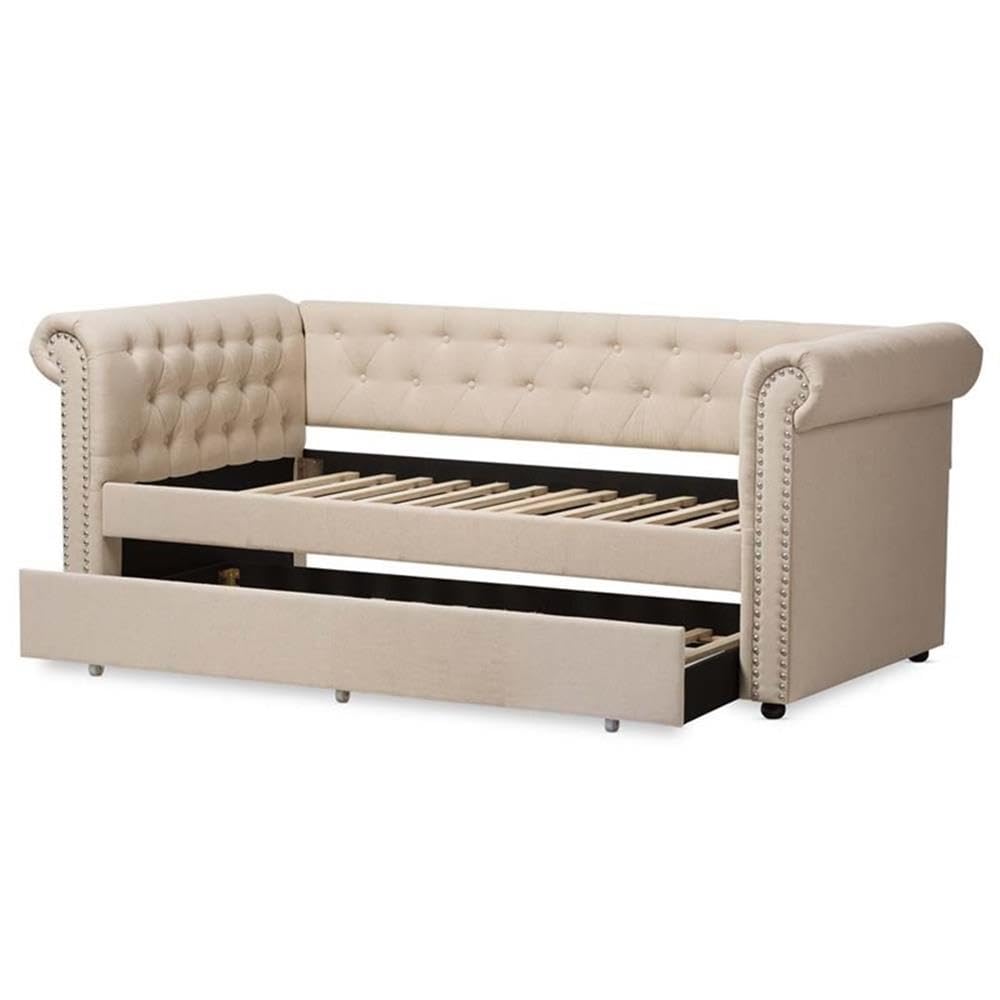 Light Beige Upholstered Twin Daybed with Trundle P80889