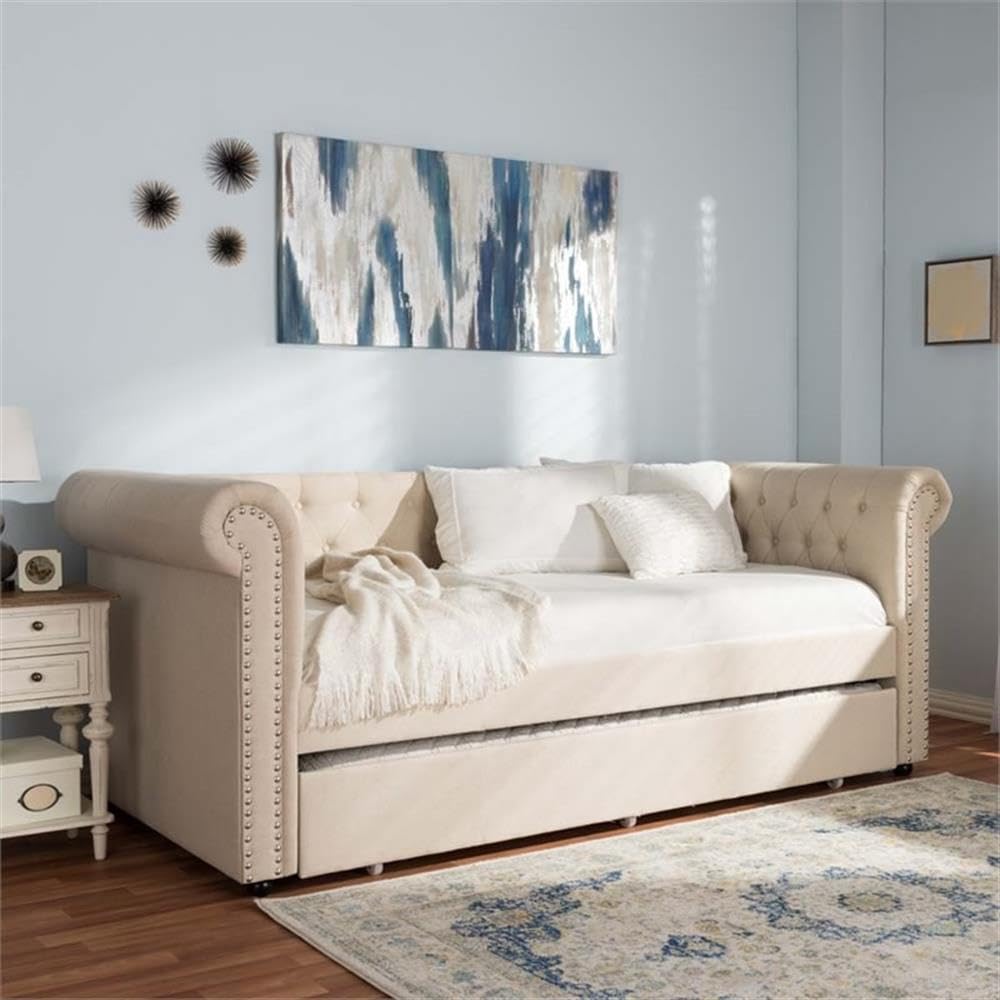 Light Beige Upholstered Twin Daybed with Trundle P80889