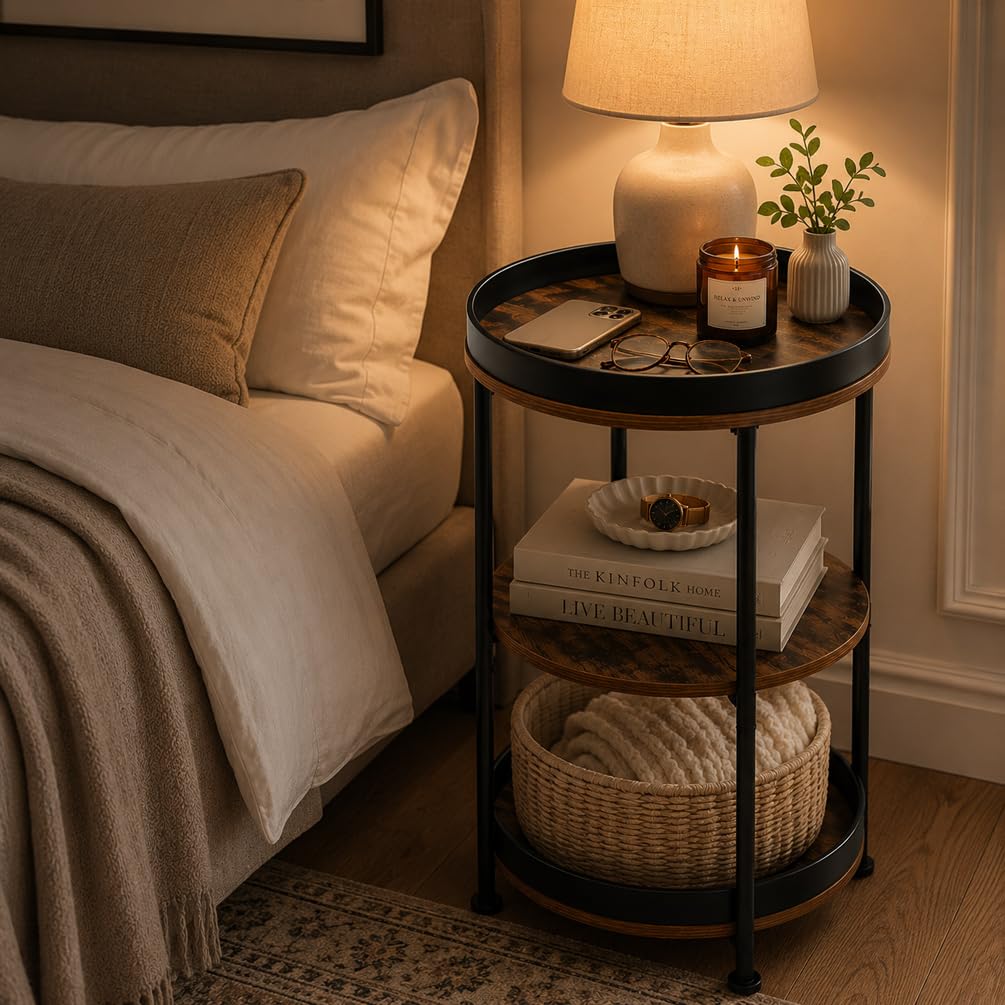 Round Side Table with 3 Storage Shelves Q308