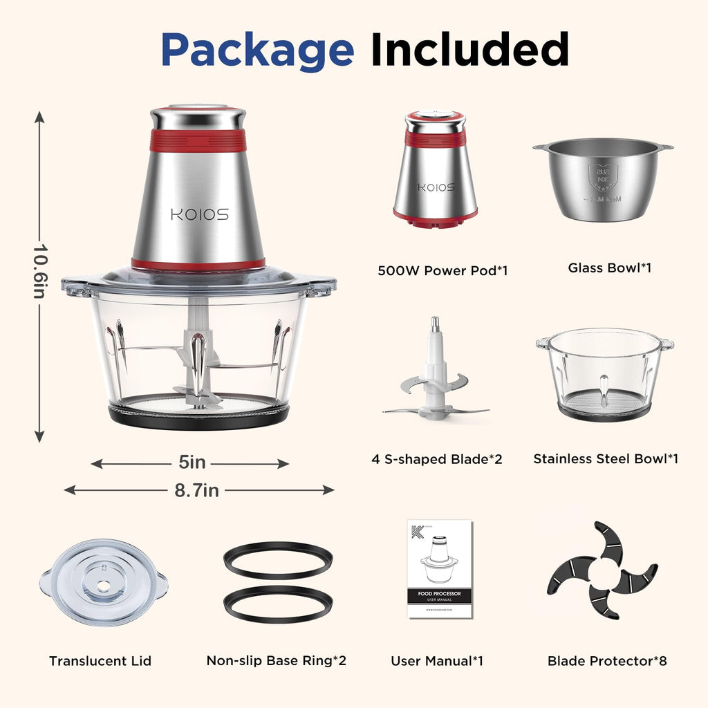 500W Electric Food Processor with 2 Bowls M84684