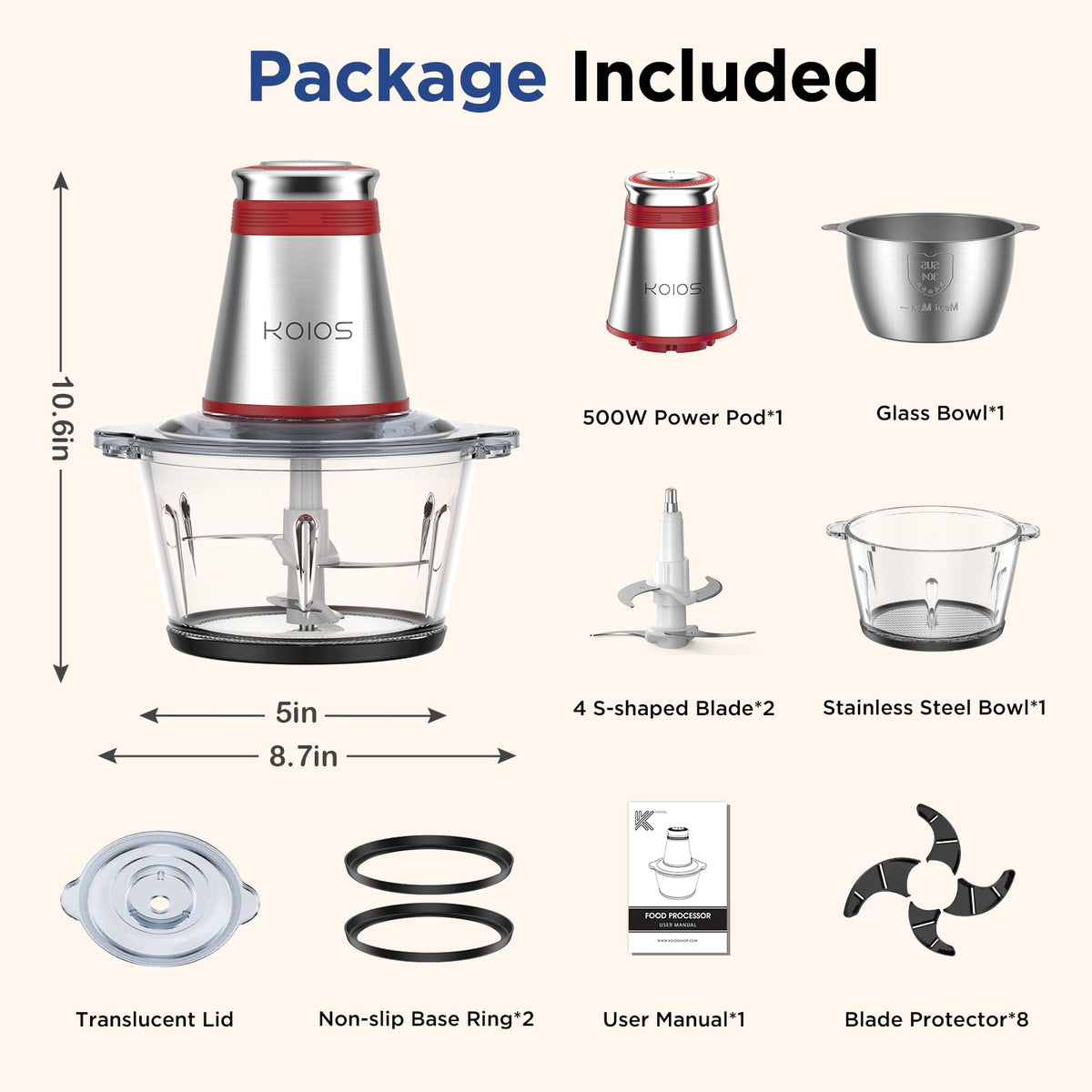 500W Electric Food Processor with 2 Bowls M84684