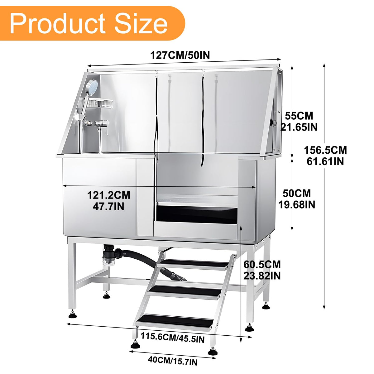 Stainless Steel 304 Dog Grooming Tub with Stairs and Faucet E969053