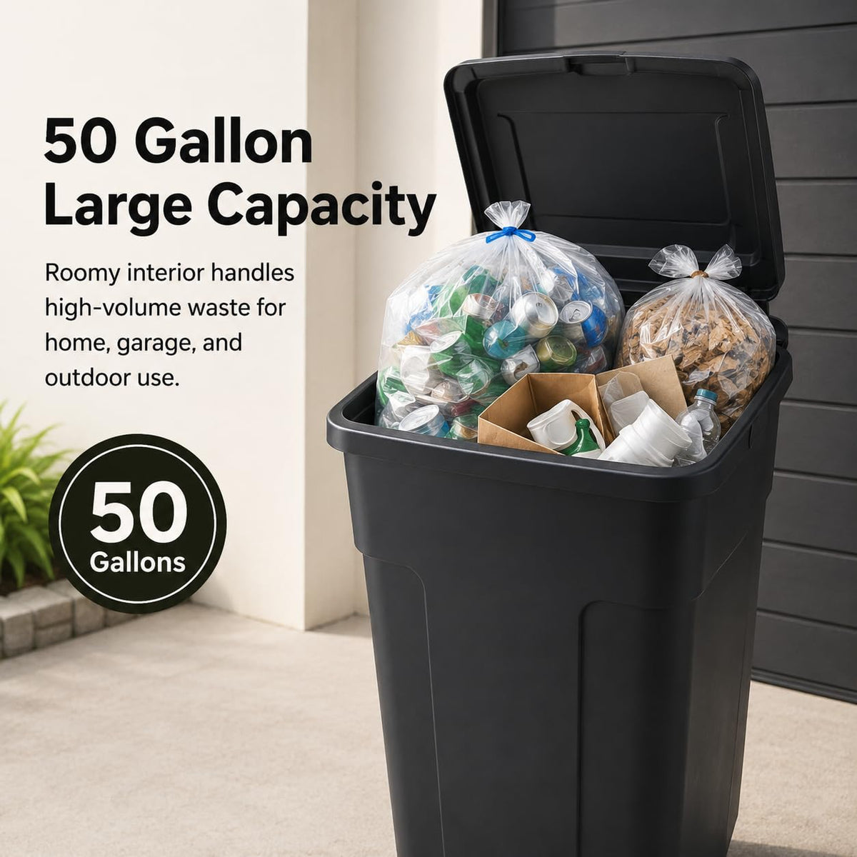 50 Gallon Wheeled Plastic Trash Can with Lid and Handle H879