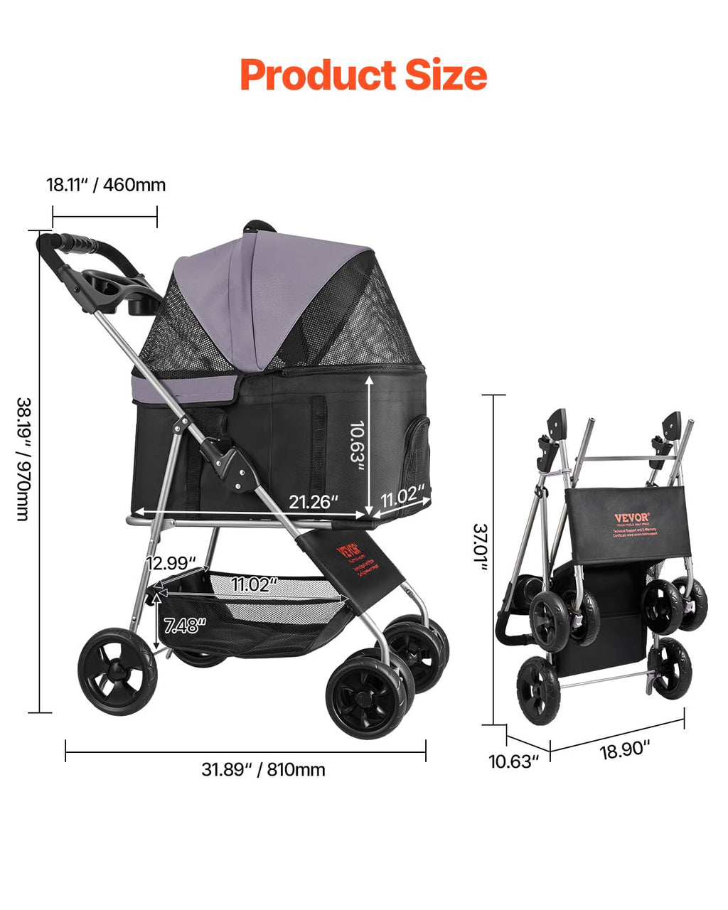 Foldable 4 Wheels Pet Stroller with Detachable Carrier F893411