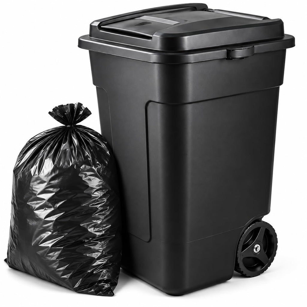 50 Gallon Wheeled Plastic Trash Can with Lid and Handle H879