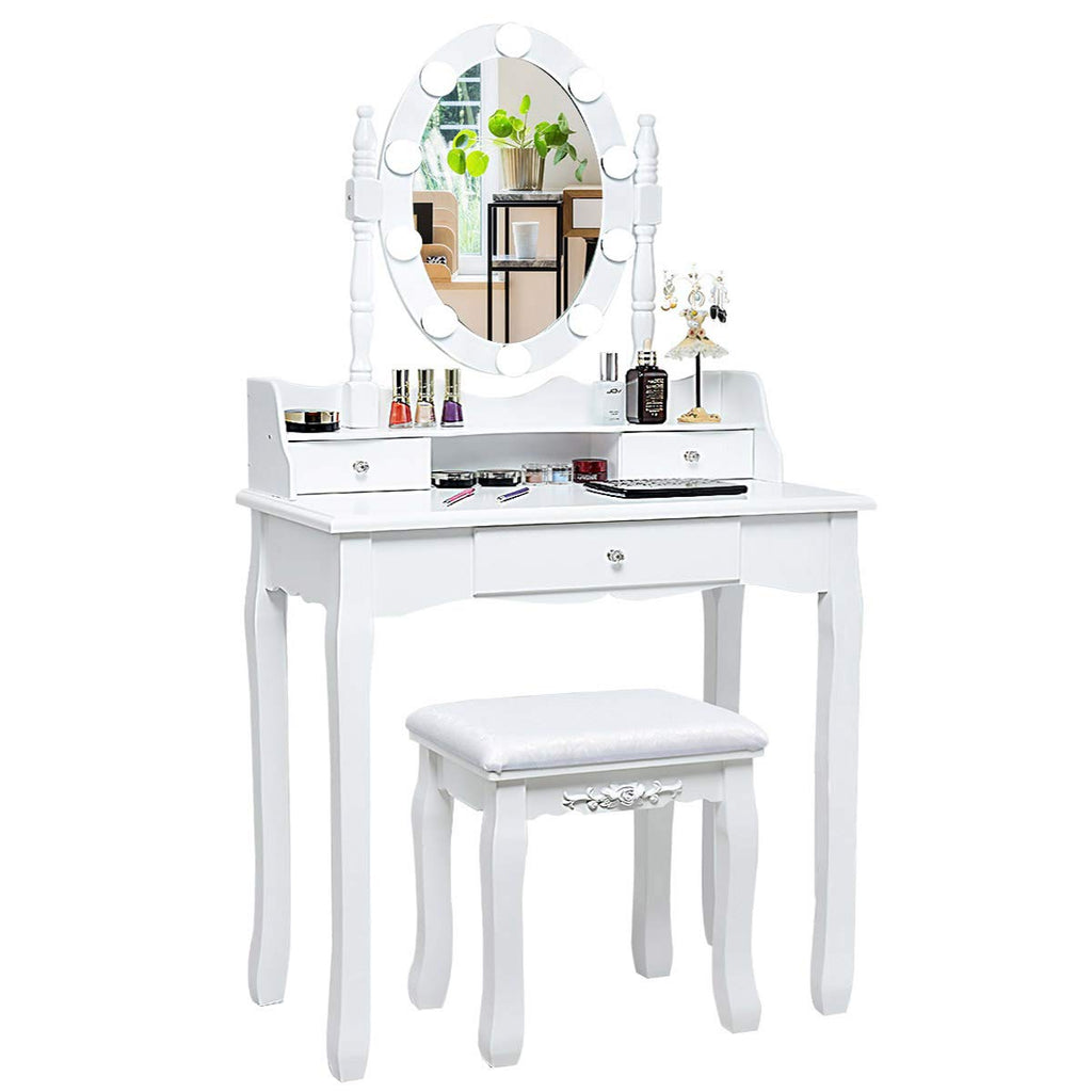 White Makeup Vanity Desk with Lighted Mirror and Stool H382467
