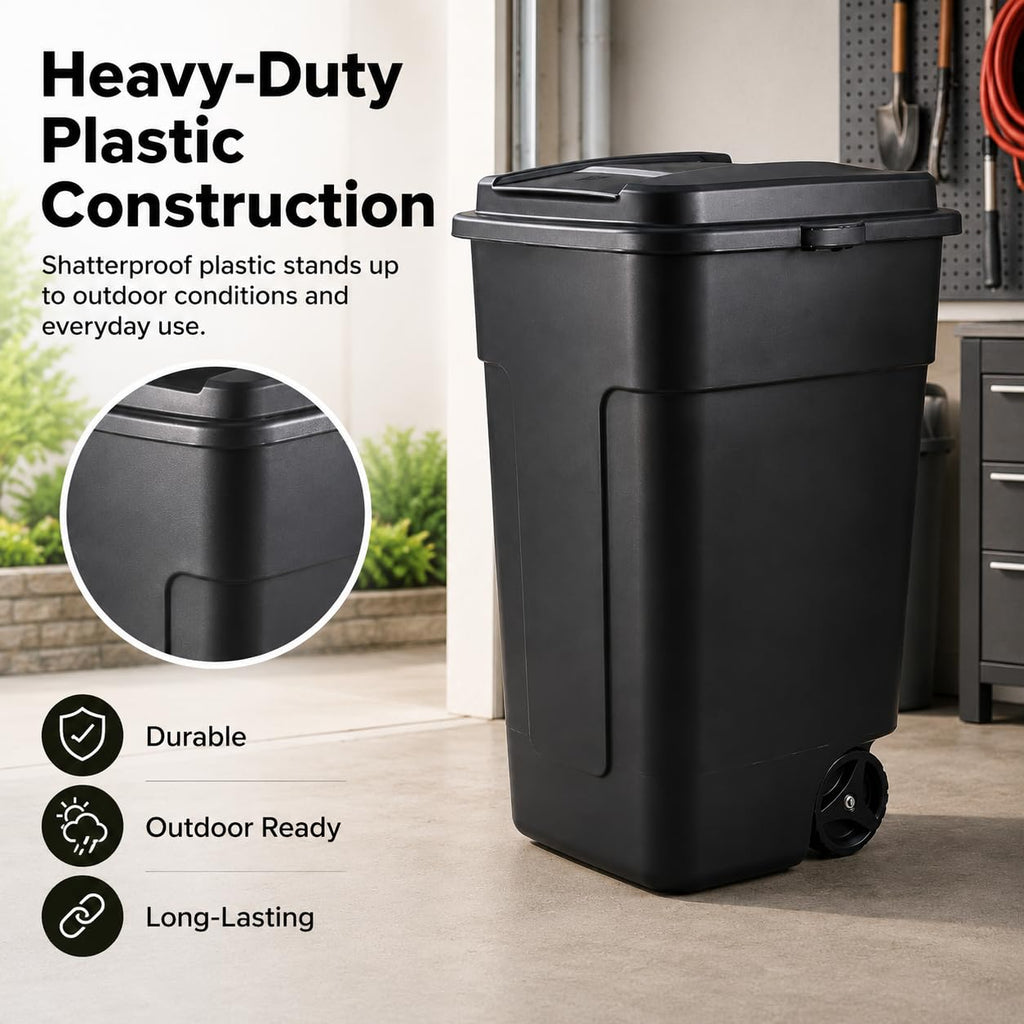 50 Gallon Wheeled Plastic Trash Can with Lid and Handle H879