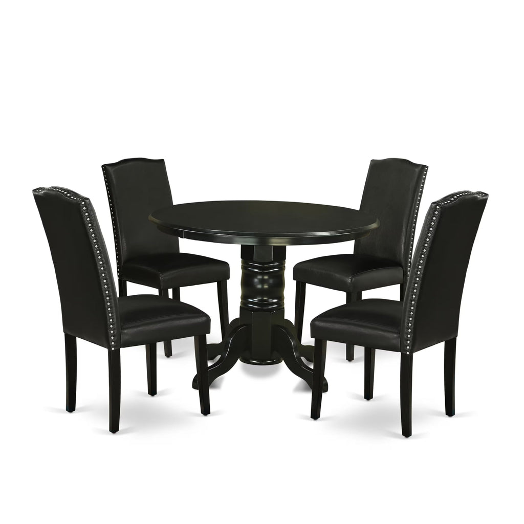 5 Piece Round Dining Table Set with 4 Black Faux Leather Chairs Y272