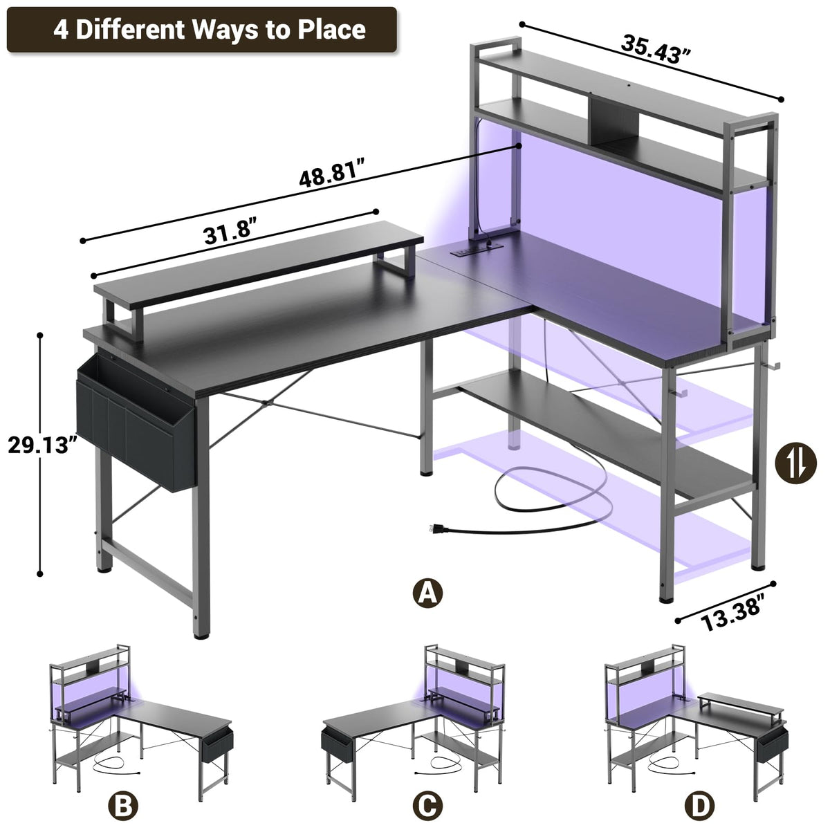 L Shaped Gaming Desk with Power Outlets & LED Lights, Black O592