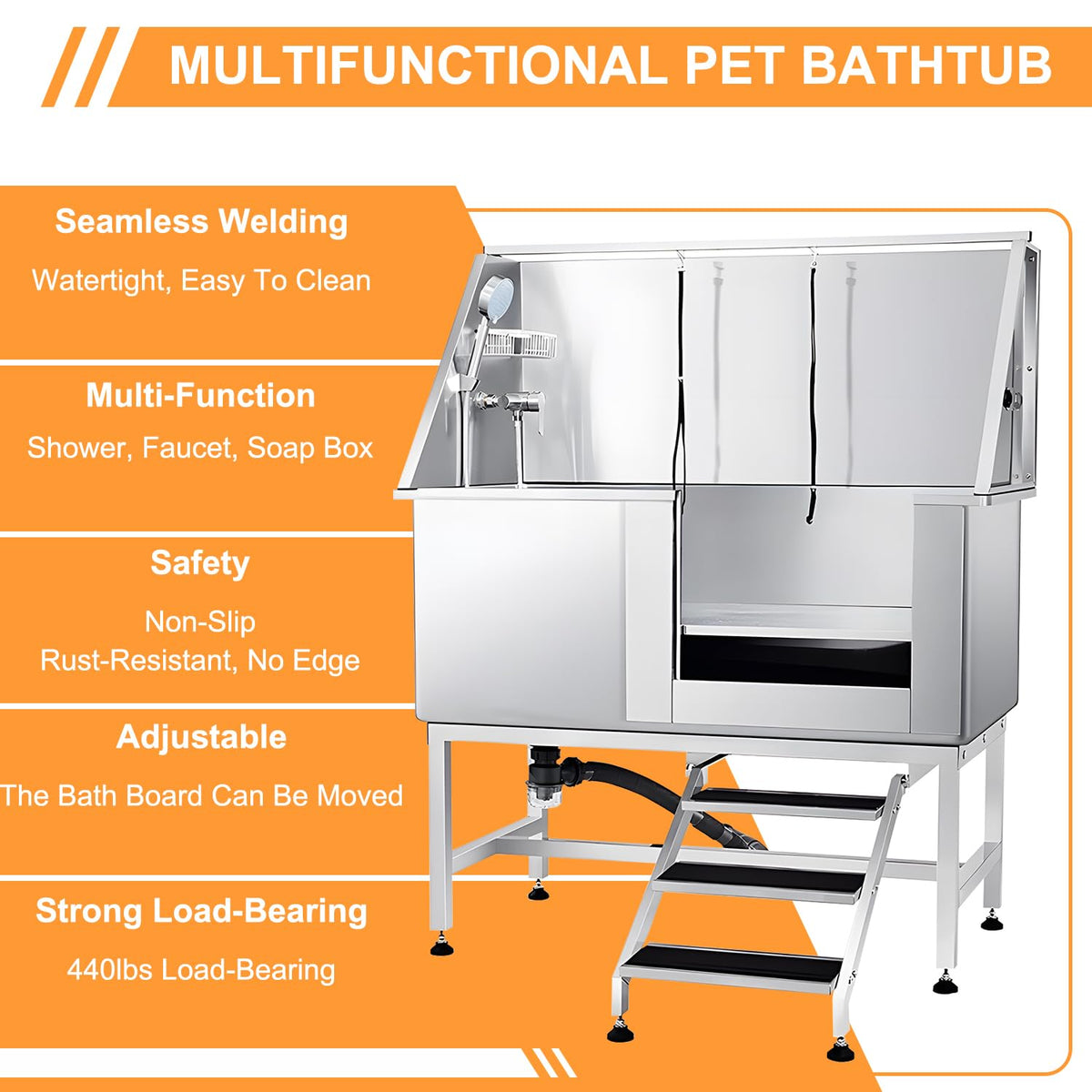 Stainless Steel 304 Dog Grooming Tub with Stairs and Faucet E969053