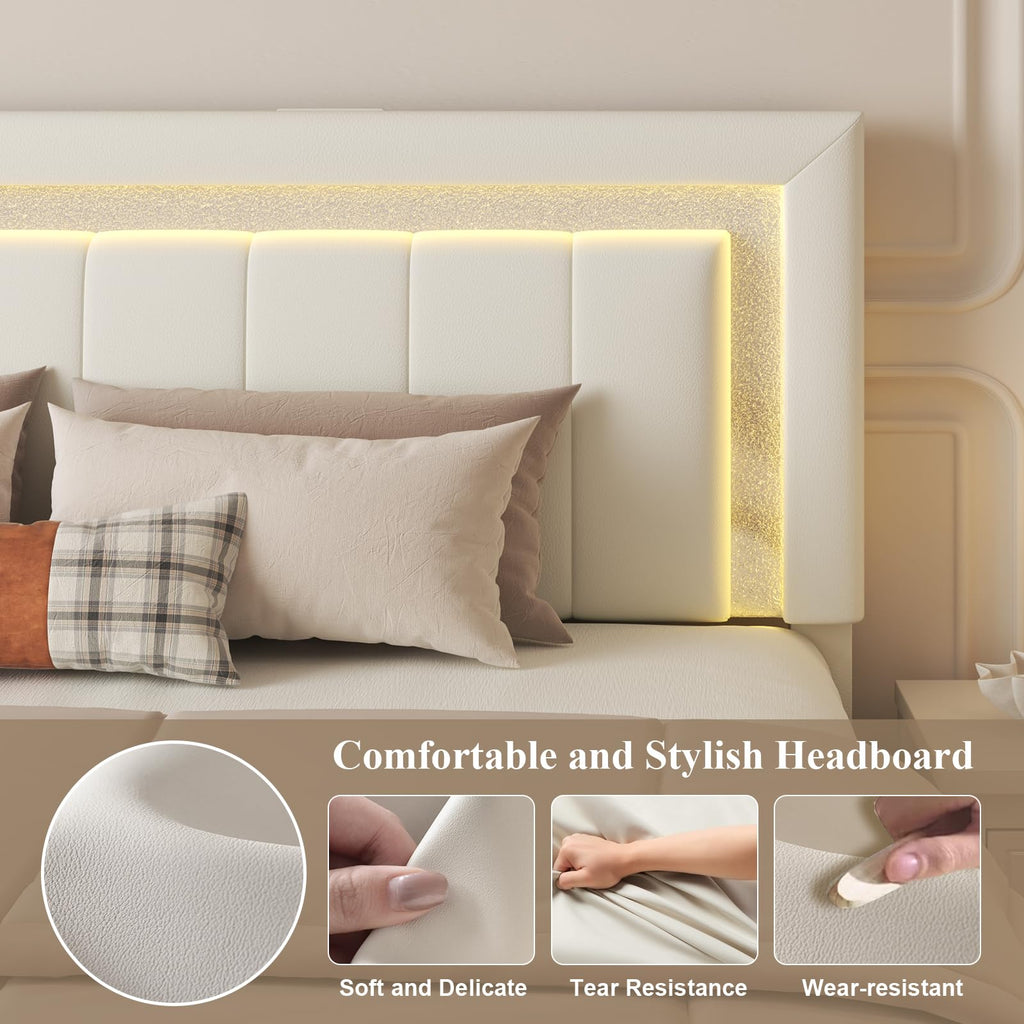 White Upholstered Full Bed Frame with Storage Drawers X3119