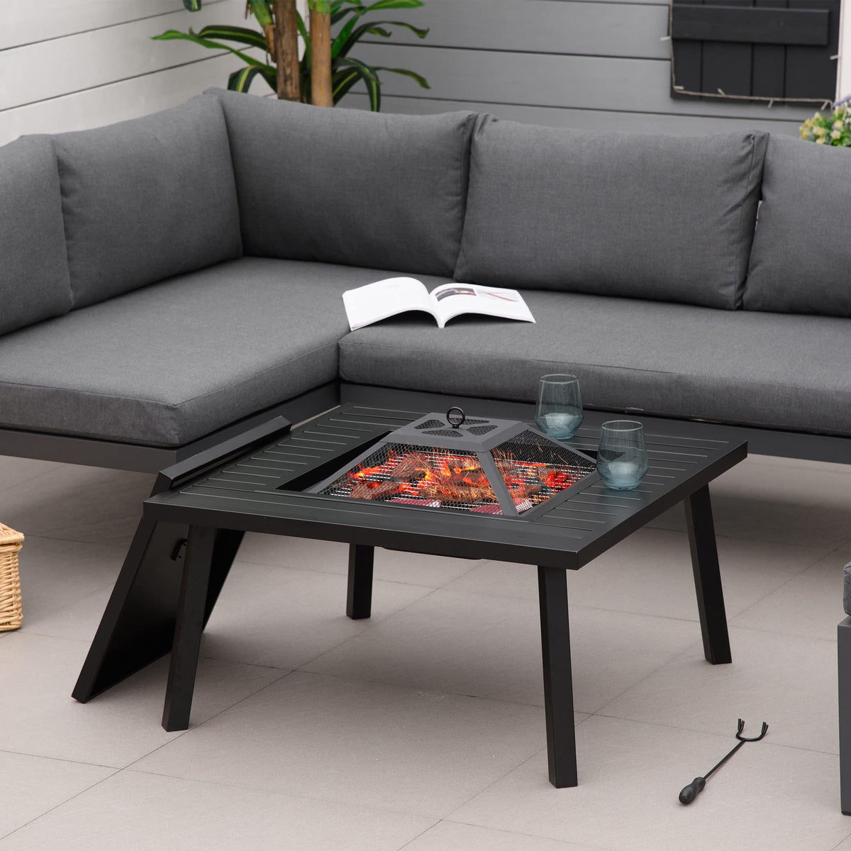 34 in Black Fire Pit with Grill K9907