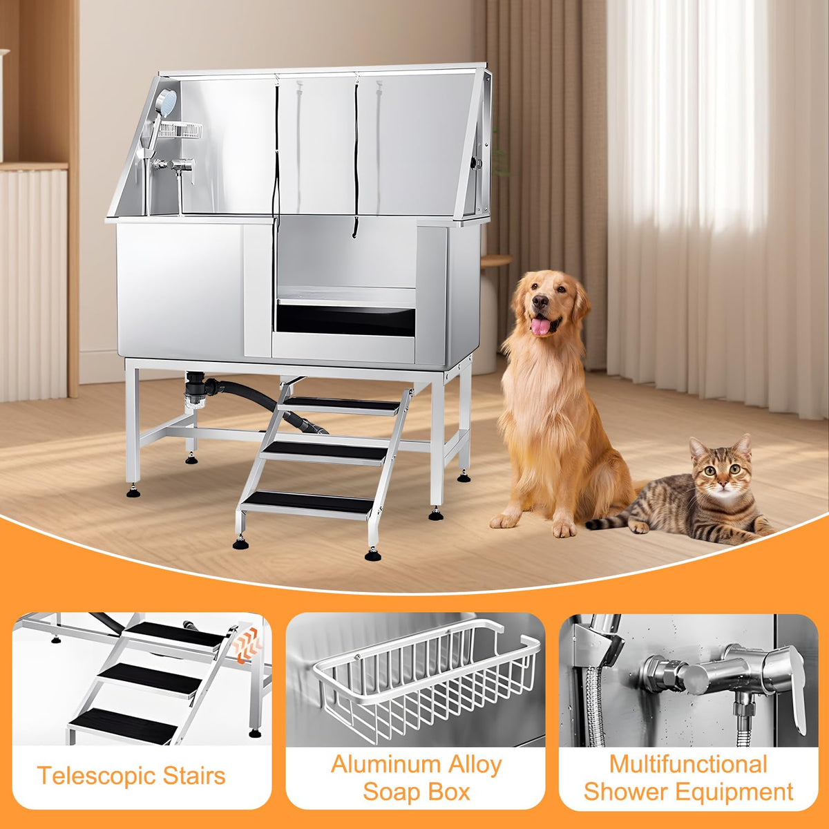 Stainless Steel 304 Dog Grooming Tub with Stairs and Faucet E969053