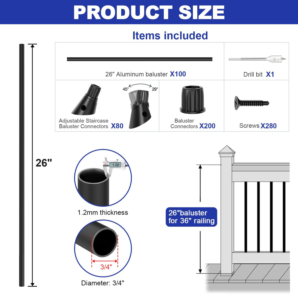100 Pack 26" Round Black Aluminum Deck Balusters P1758