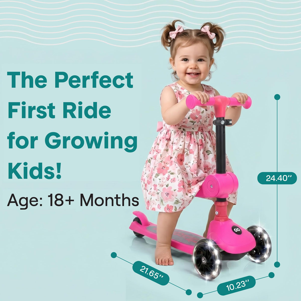 3 Wheel Scooter for Toddlers & Kids, Foldable Seat, LED Wheels, Adjustable Handlebar, Anti-Slip Deck, Rear Foot Brake, Lean-to-Steer, Pink K373819