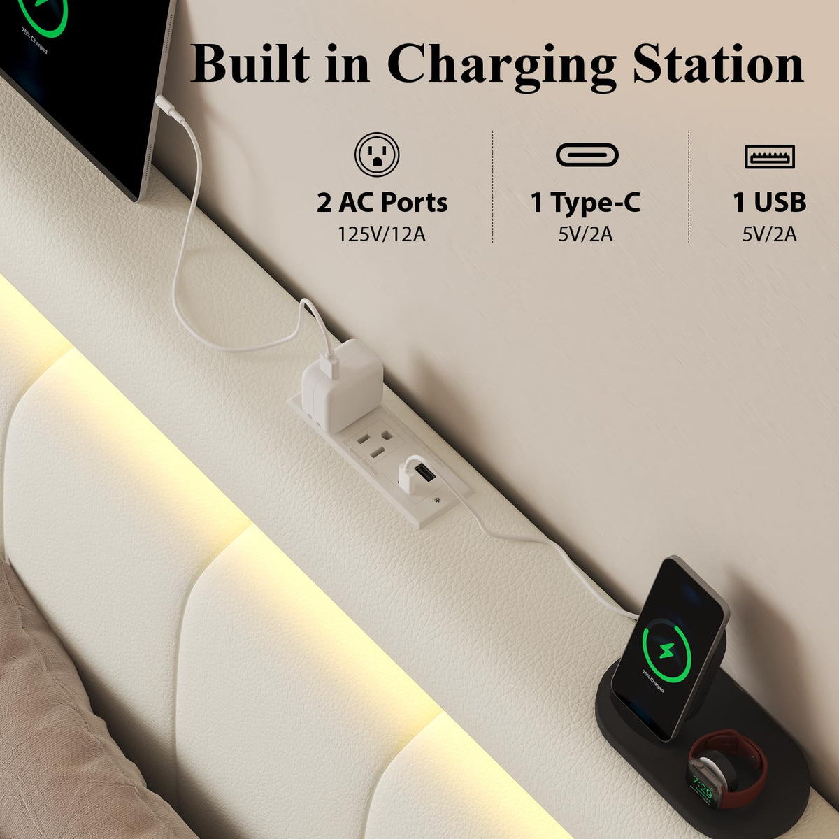 White Upholstered Full Bed Frame with Storage Drawers X3119