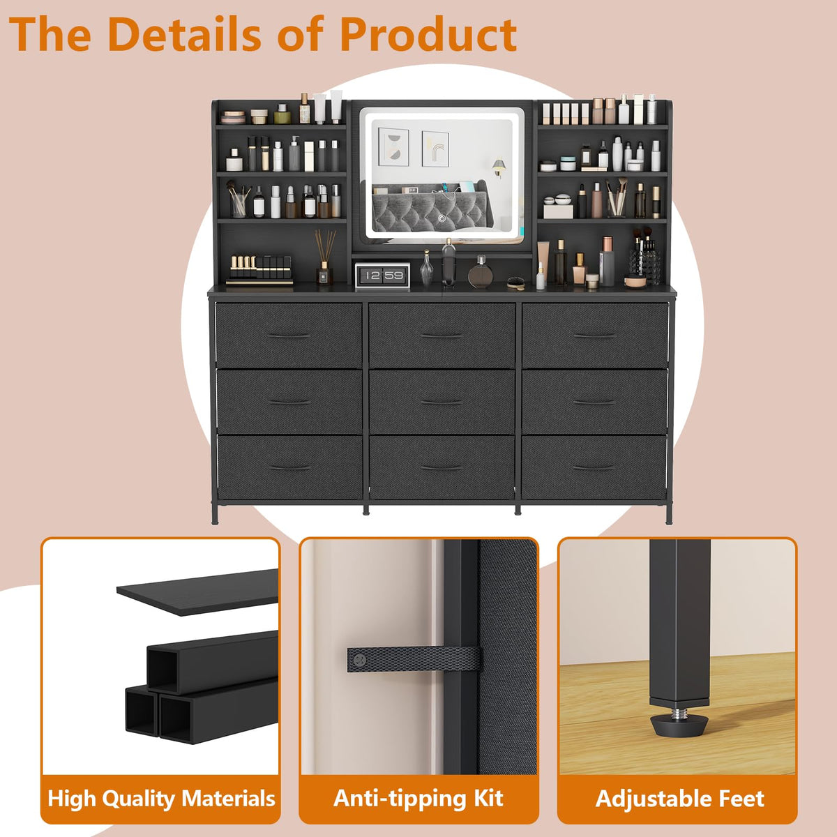 9 Drawer Dresser with LED Mirror F5586