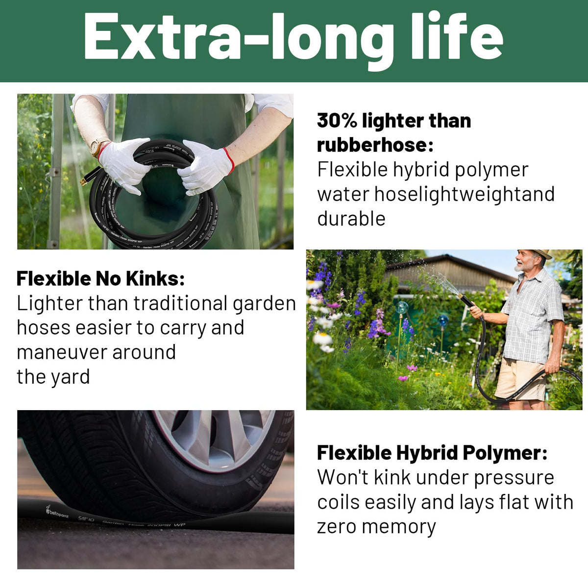 100 ft 5/8 in Heavy Duty Flexible Rubber Hybrid Garden Hose T890