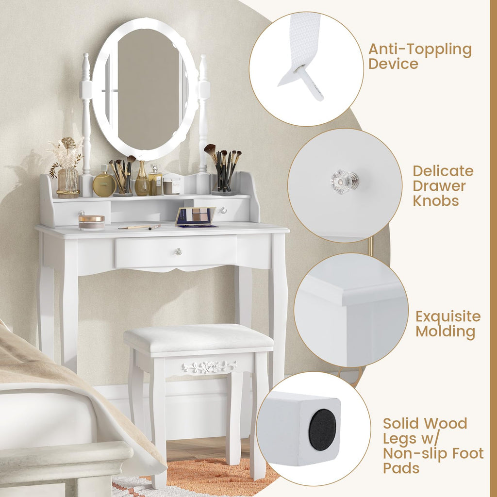 White Makeup Vanity Desk with Lighted Mirror and Stool H382467