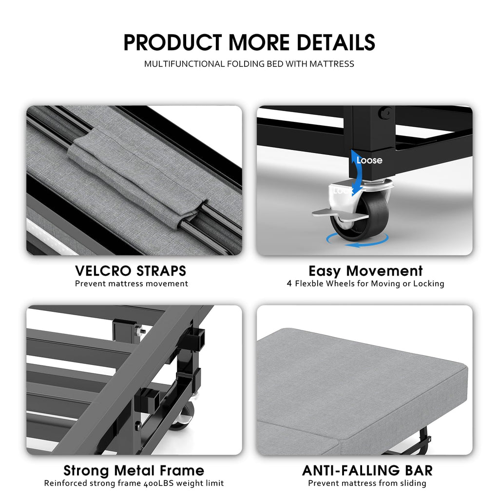 Folding Bed with Mattress, Memory Foam and Metal Frame, 75" x 31" D1447