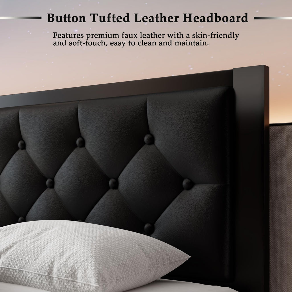 Twin Size Black Metal Platform Bed Frame with Faux Leather Tufted Headboard F1608