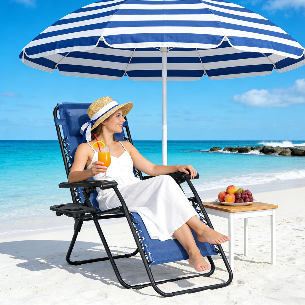 Blue Set of 2 Zero Gravity Lounge Chair with Pillow & Cup Holder C17378