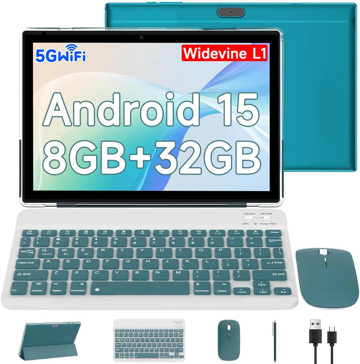 Android 15 Tablet 10.1 Inch 2 in 1 with Keyboard 8GB RAM 32GB ROM Quad-core IPS HD Touch Screen O613504