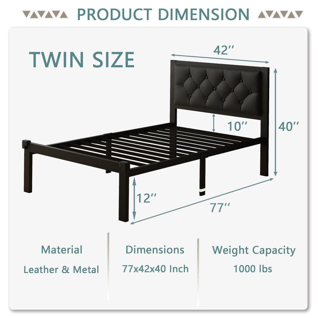 Twin Size Black Metal Platform Bed Frame with Faux Leather Tufted Headboard F1608