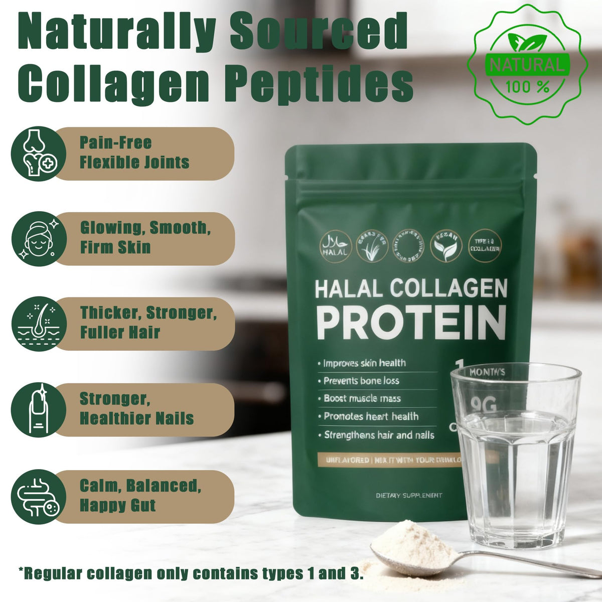 Halal Collagen Protein Powder, Grass Fed Organic Hydrolyzed Peptides, Unflavoured, 30 Servings I880256