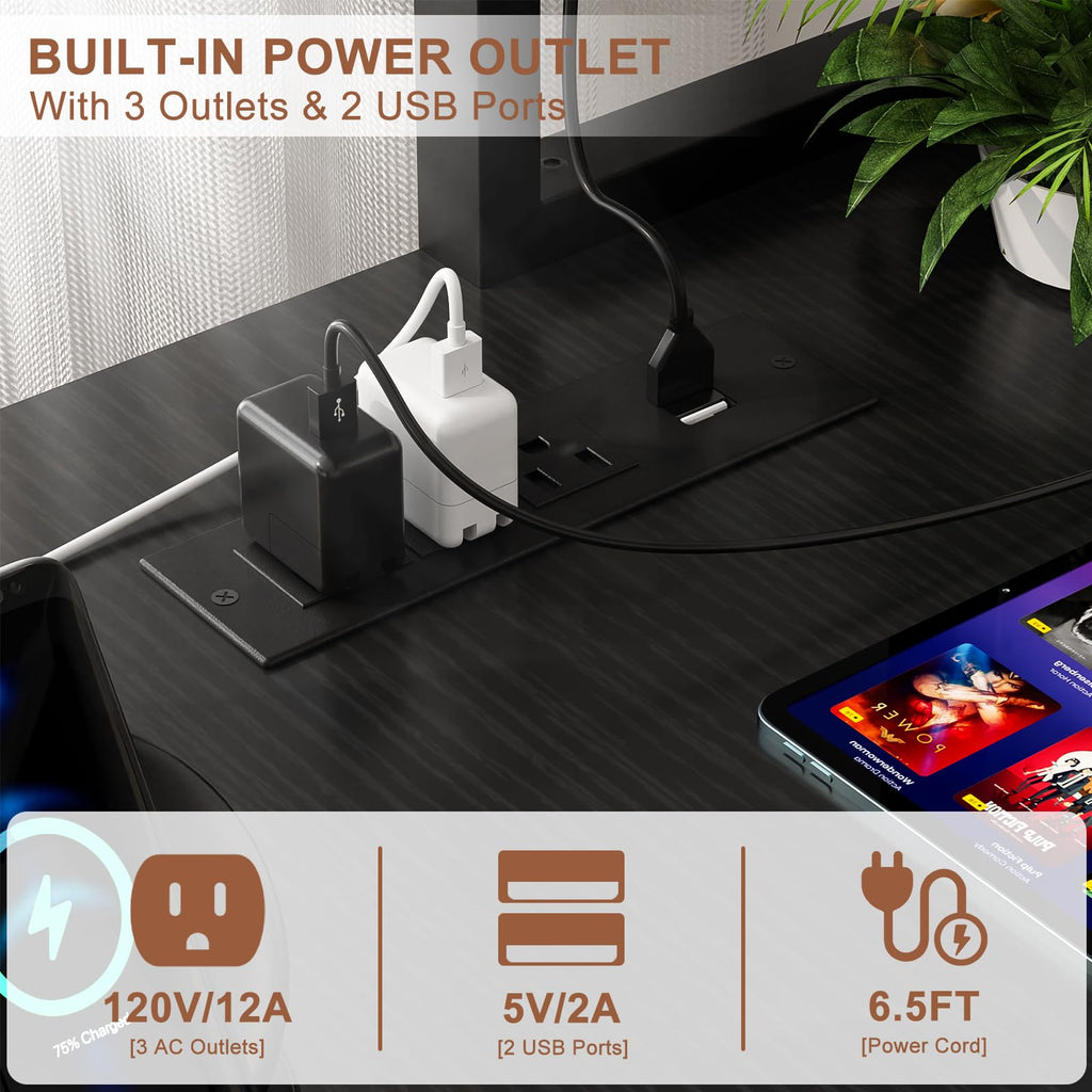 L Shaped Gaming Desk with Power Outlets & LED Lights, Black O592