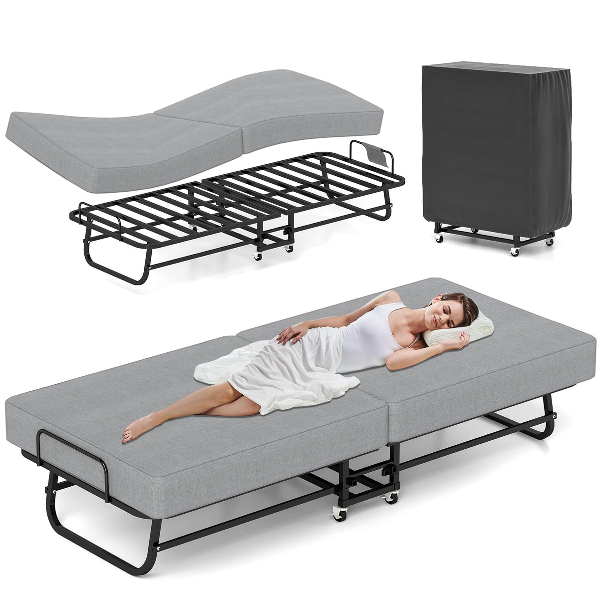 Folding Bed with Mattress, Memory Foam and Metal Frame, 75" x 31" D1447