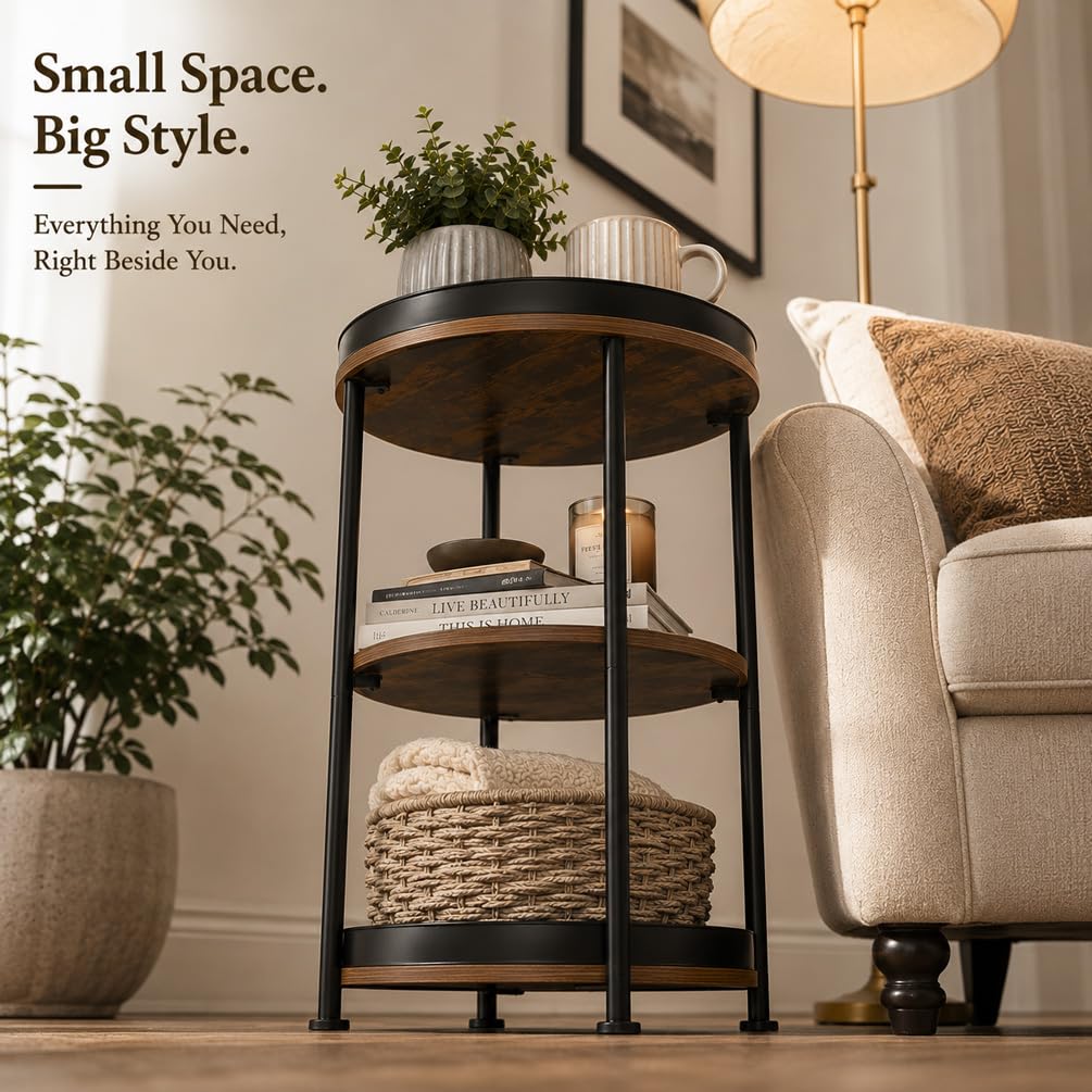 Round Side Table with 3 Storage Shelves Q308