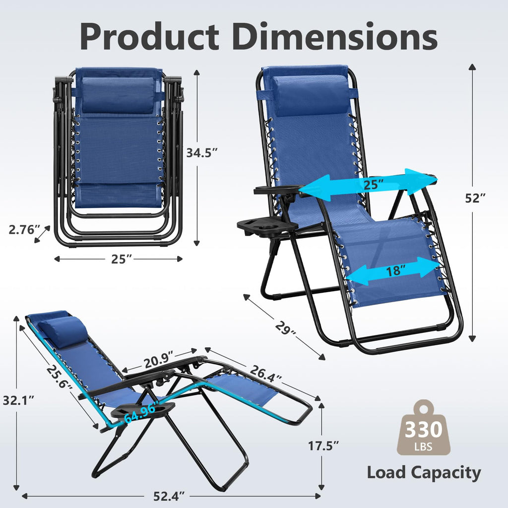 Blue Set of 2 Zero Gravity Lounge Chair with Pillow & Cup Holder C17378