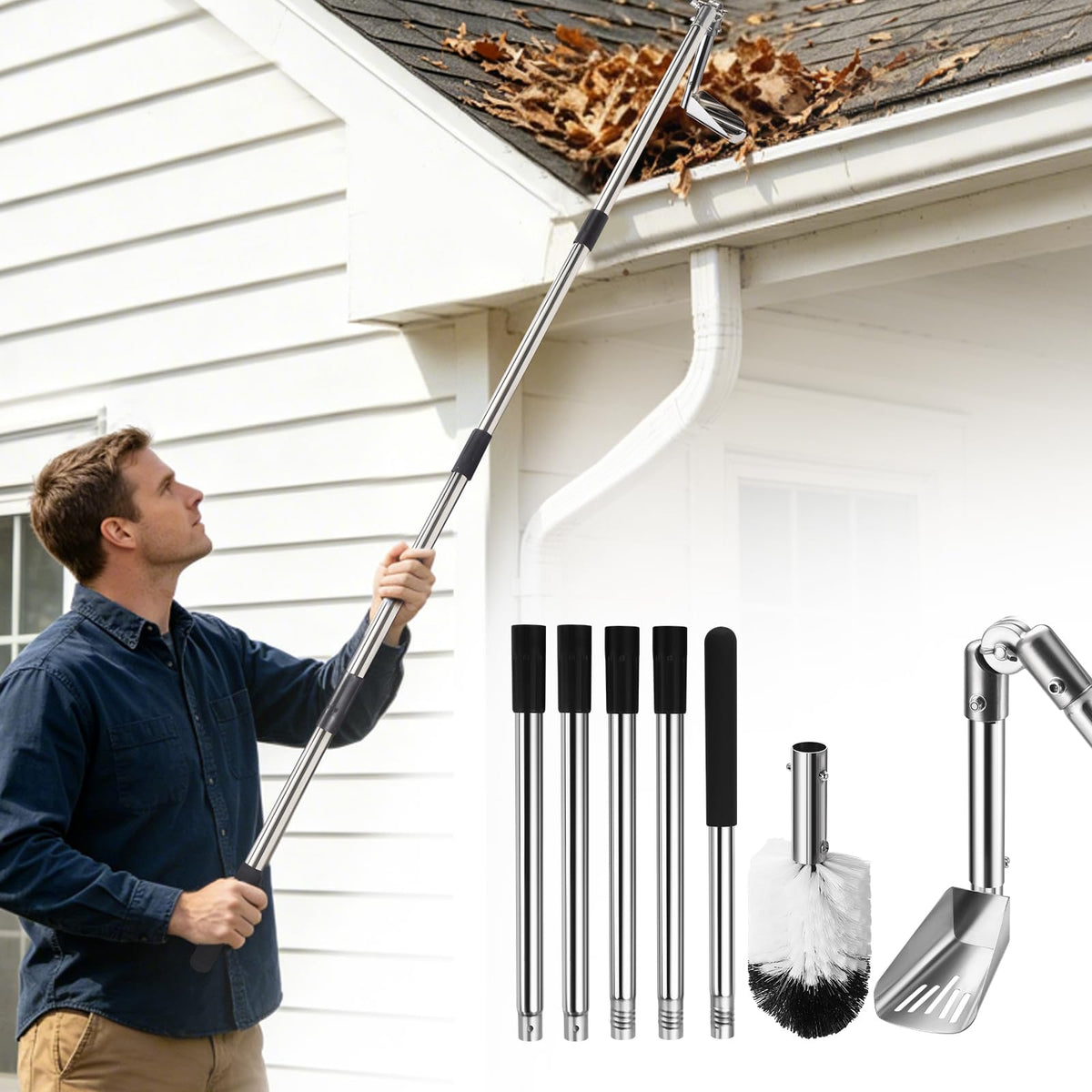 6.4FT Gutter Cleaning Tools with Extension Pole & Brush I33343