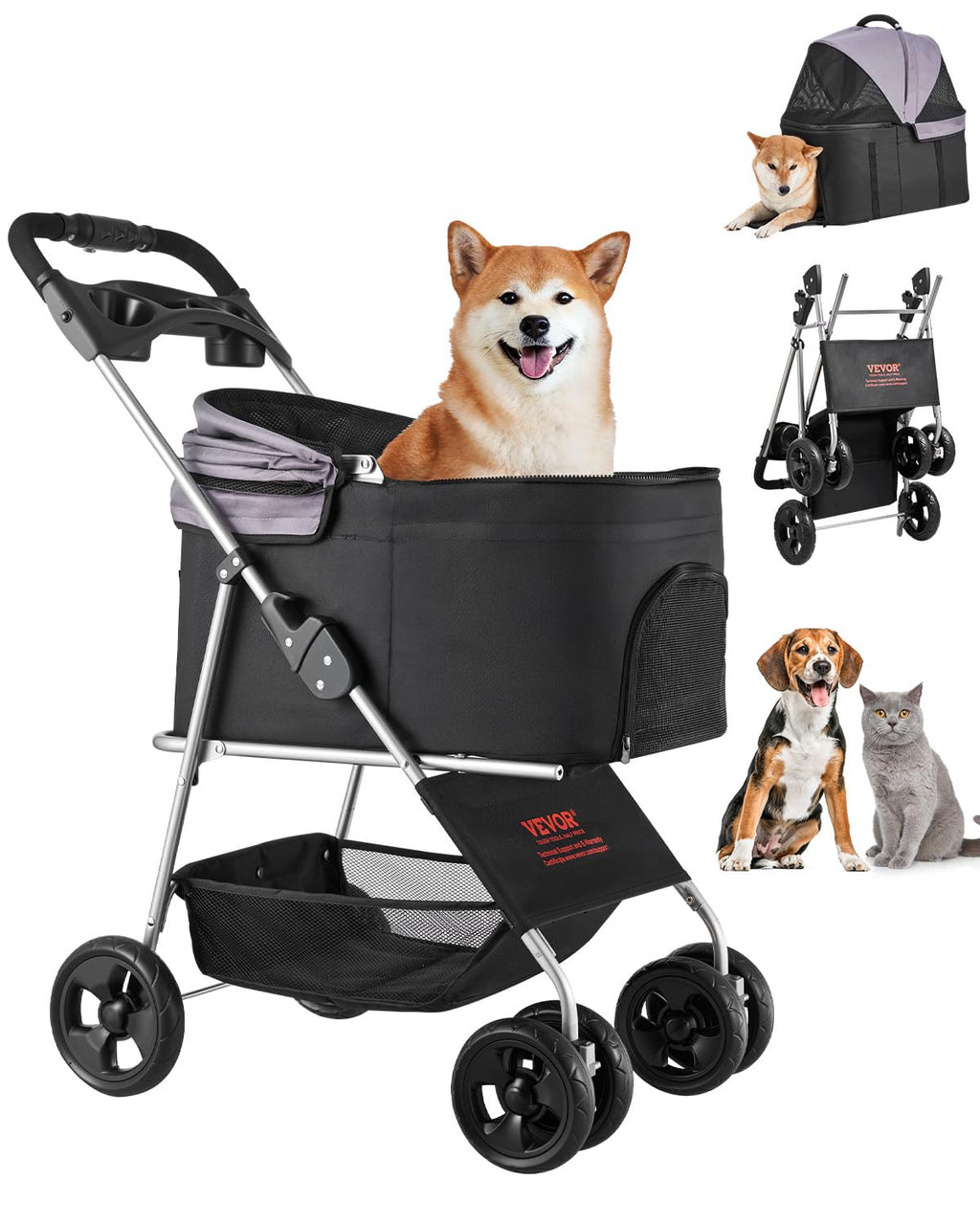 Foldable 4 Wheels Pet Stroller with Detachable Carrier F893411