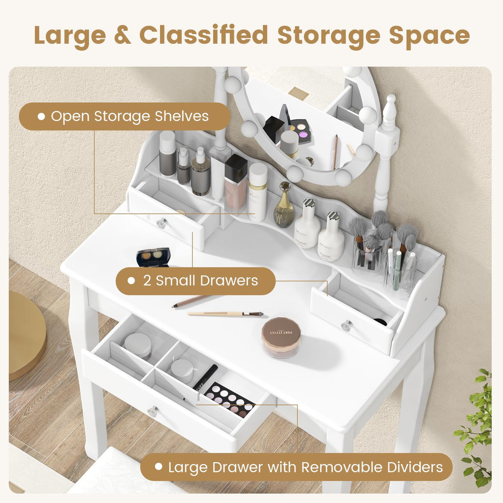 White Makeup Vanity Desk with Lighted Mirror and Stool H382467