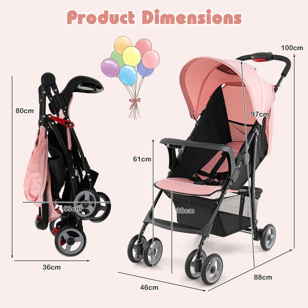 Lightweight Compact Fold Stroller with Canopy & Storage Basket, Pink C912