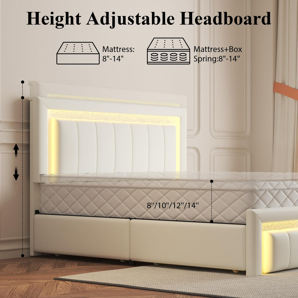 White Upholstered Full Bed Frame with Storage Drawers X3119