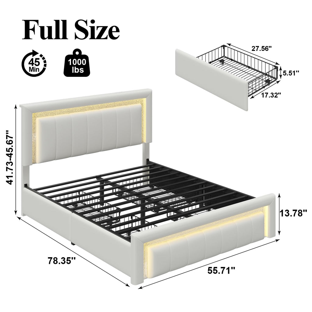 White Upholstered Full Bed Frame with Storage Drawers X3119