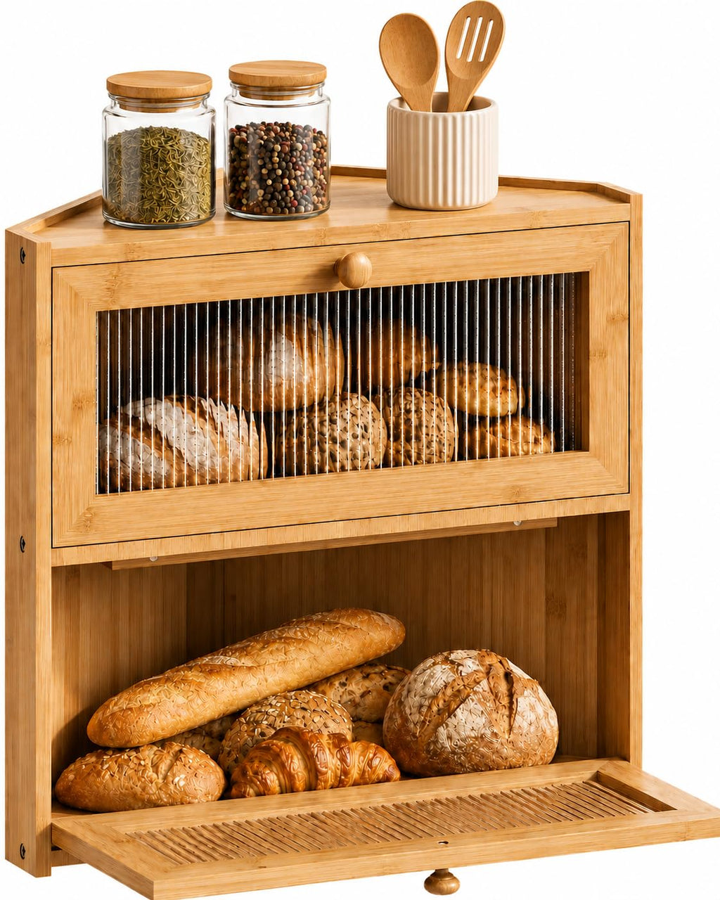 Double Layer Bamboo Bread Box with Wavy Windows H614536