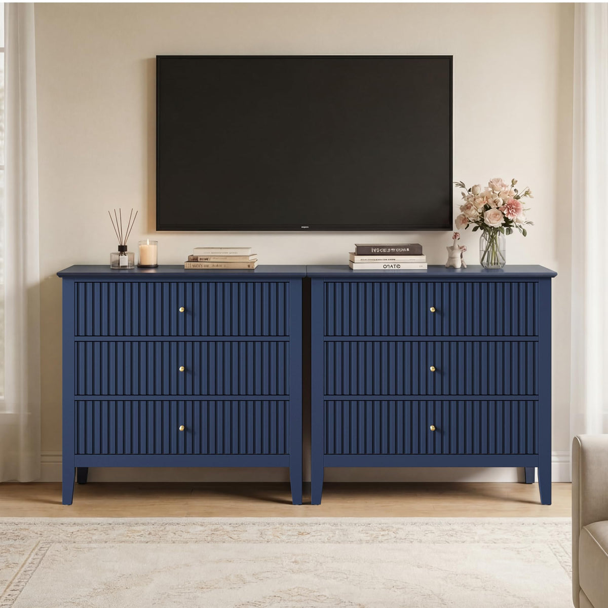 32" Blue 3 Drawer Wood Nightstand W395385
