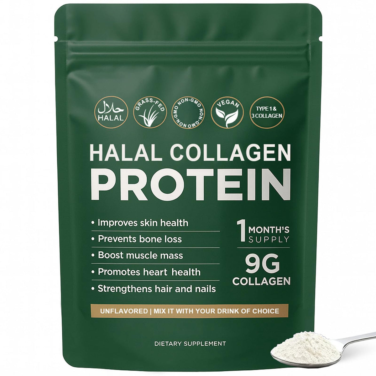 Halal Collagen Protein Powder, Grass Fed Organic Hydrolyzed Peptides, Unflavoured, 30 Servings I880256