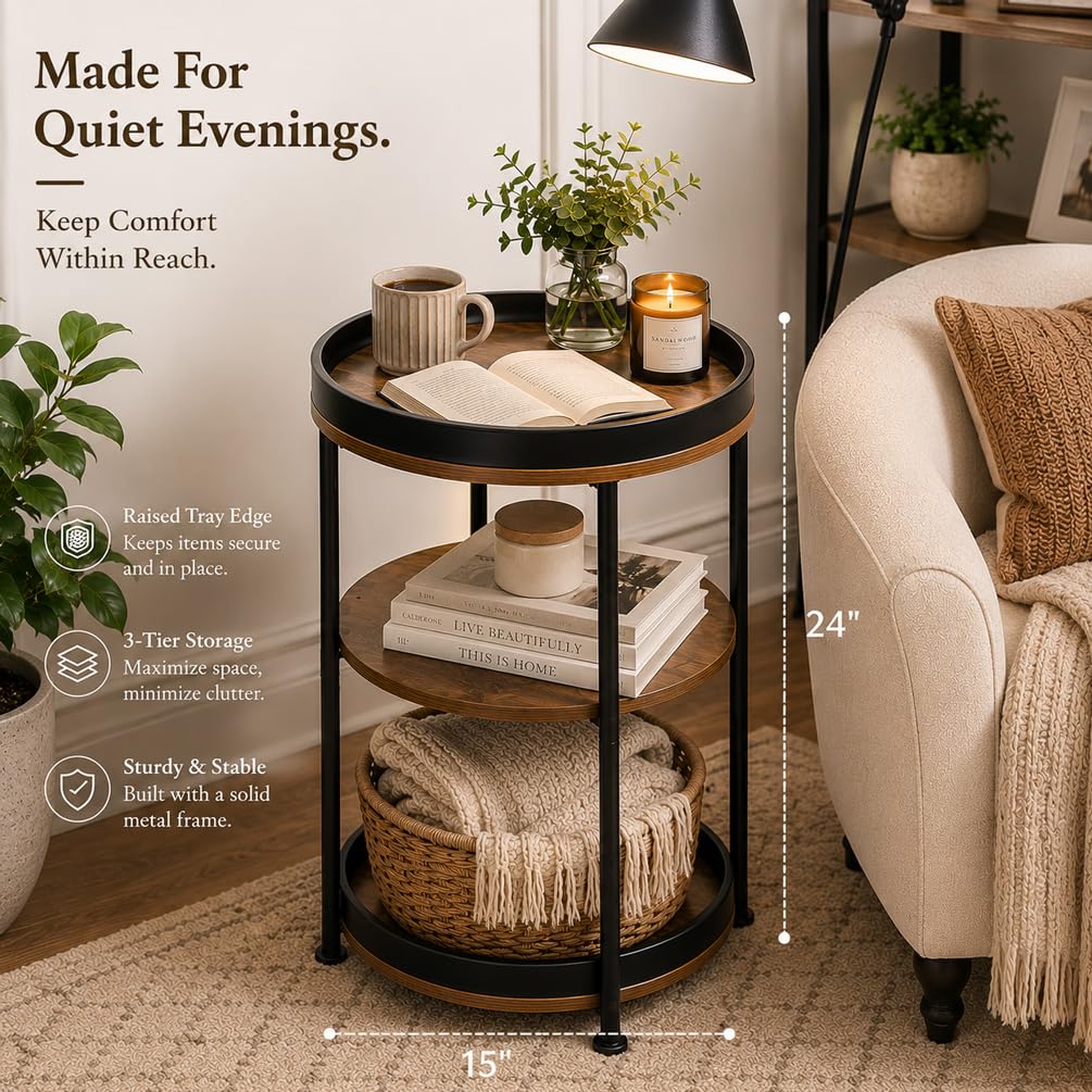 Round Side Table with 3 Storage Shelves Q308