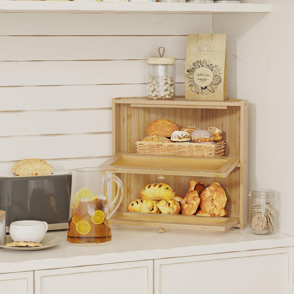 Double Layer Bamboo Bread Box with Wavy Windows H614536