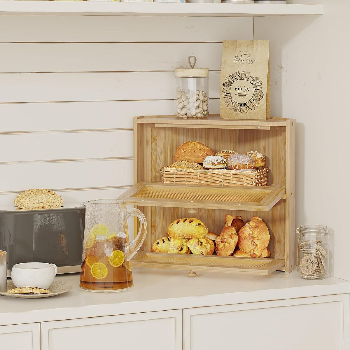 Double Layer Bamboo Bread Box with Wavy Windows H614536
