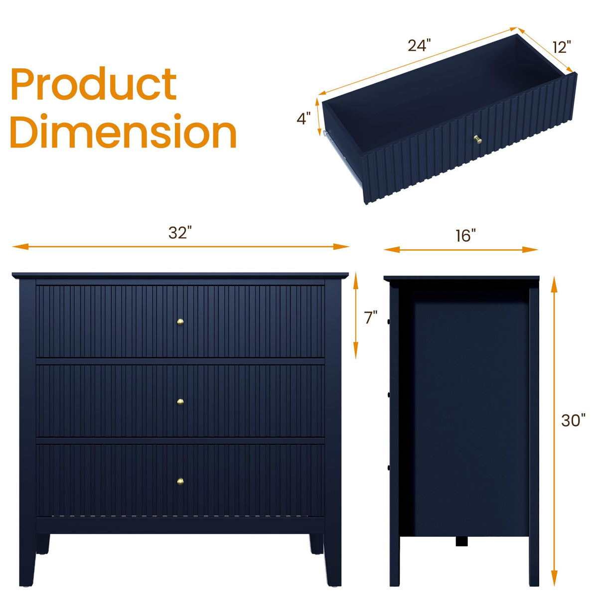 32" Blue 3 Drawer Wood Nightstand W395385