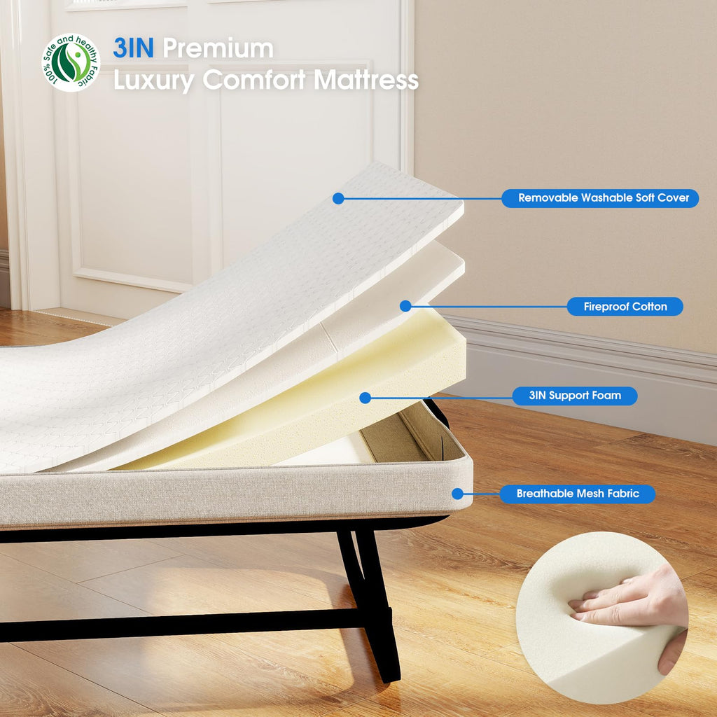 Folding Bed with Mattress, Memory Foam and Metal Frame, 75" x 31" D1447