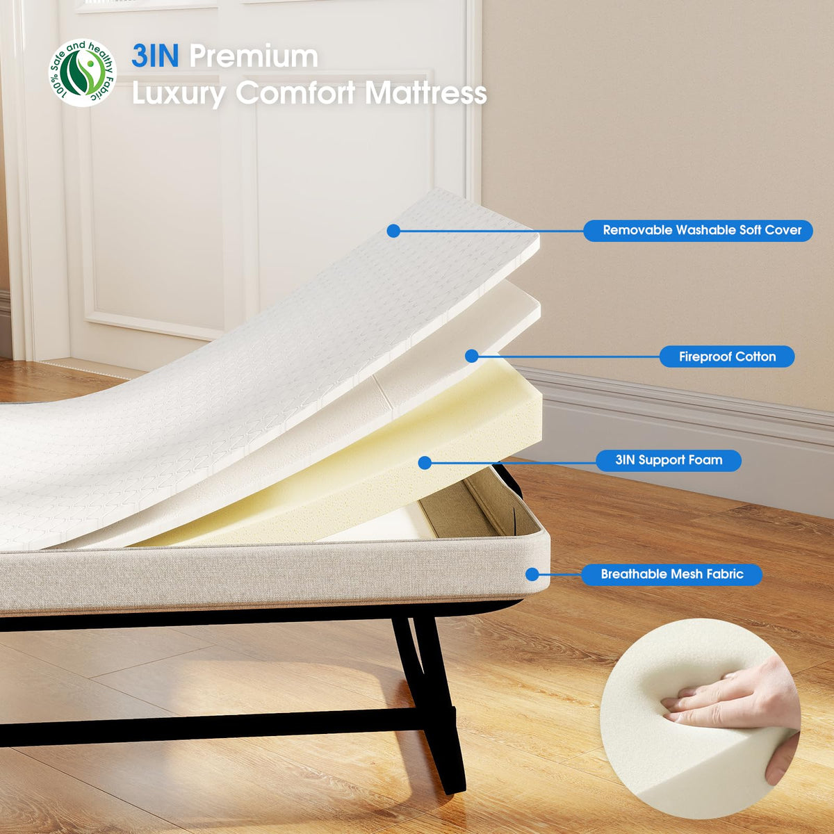 Folding Bed with Mattress, Memory Foam and Metal Frame, 75" x 31" D1447